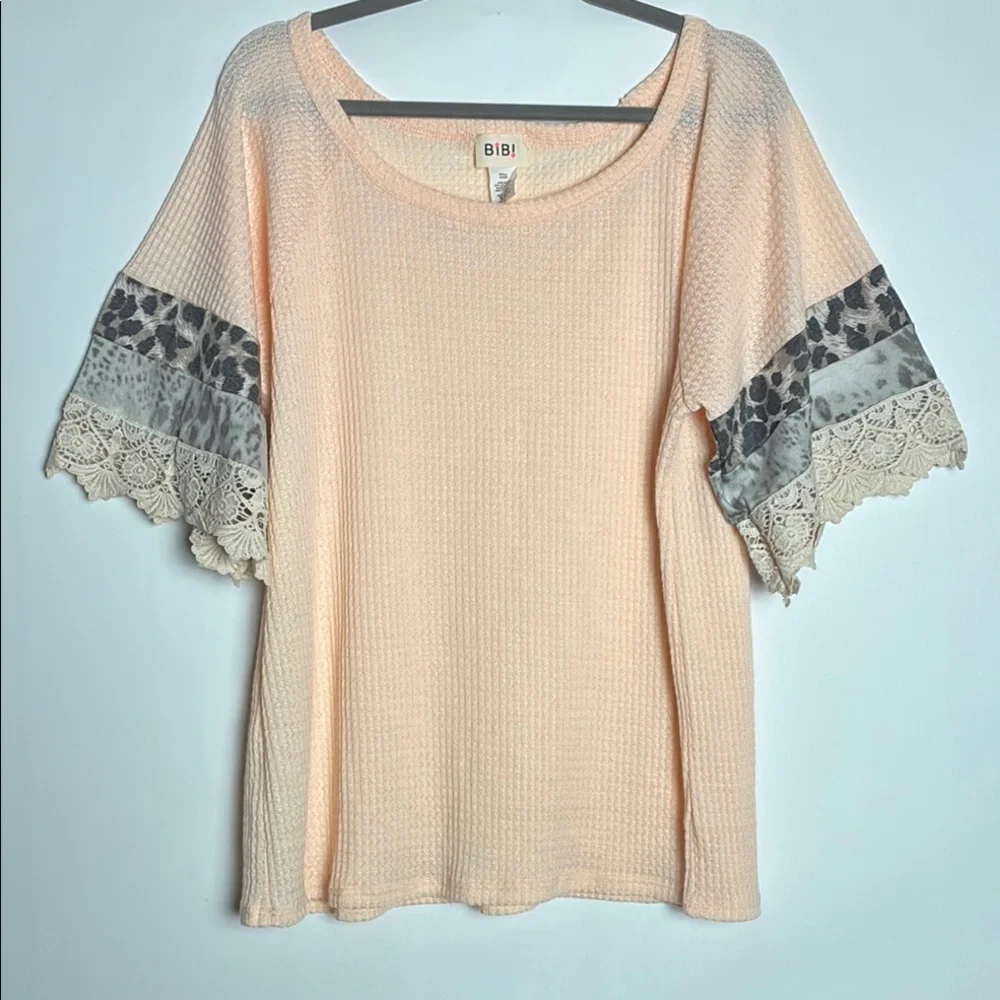 BiBi Soft Peach Lace Accent Blouse - Waffle Knit