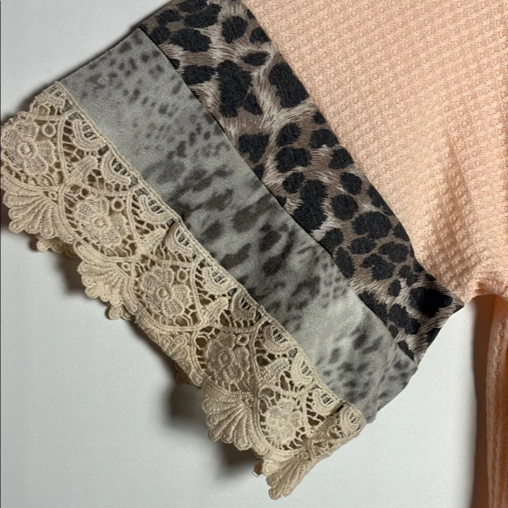 BiBi Soft Peach Lace Accent Blouse - Waffle Knit