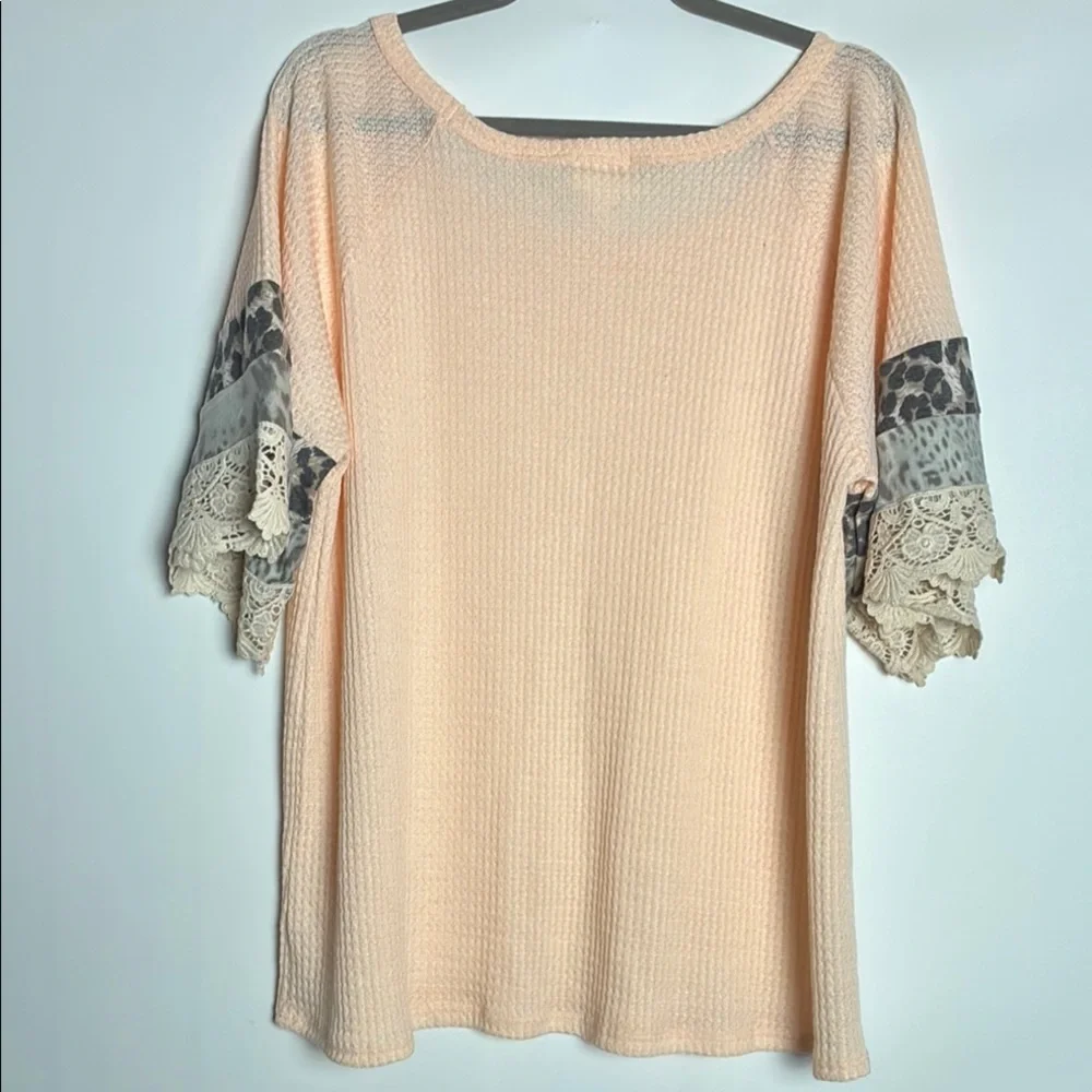 BiBi Soft Peach Lace Accent Blouse - Waffle Knit
