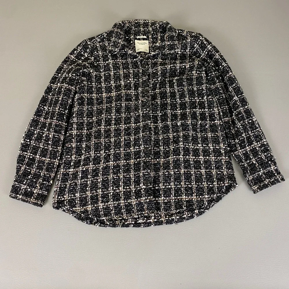 Abercrombie Fitch Tweed Jacket Women's Large Oversized‎ Black White Plaid