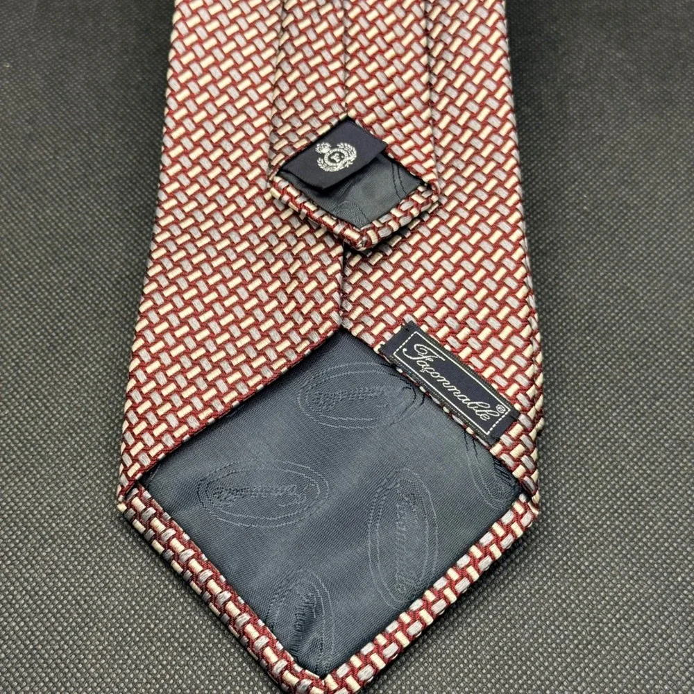 Faconnable Burgundy Basketweave Geometric Silk Tie France 4