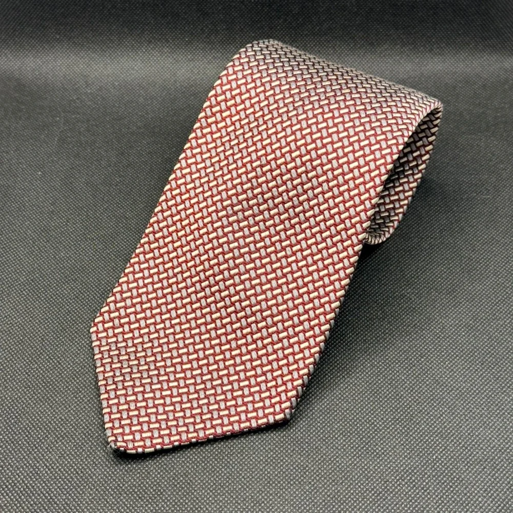 Faconnable Burgundy Basketweave Geometric Silk Tie France 4