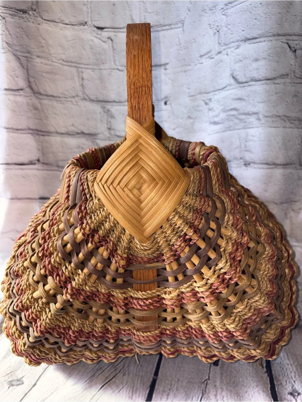 Harvest Egg Gathering Buttocks Butt Basket Bent Wood Handle Multicolored Vintage