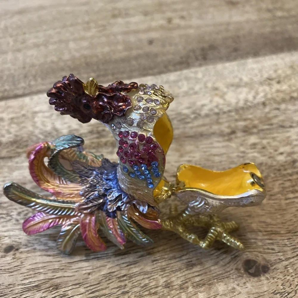 Multicolor Metal Bejewled Rooster Chicken Trinket Box Enameled Interior