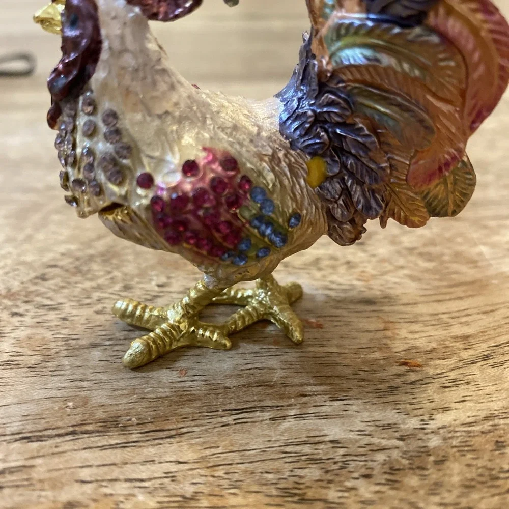Multicolor Metal Bejewled Rooster Chicken Trinket Box Enameled Interior
