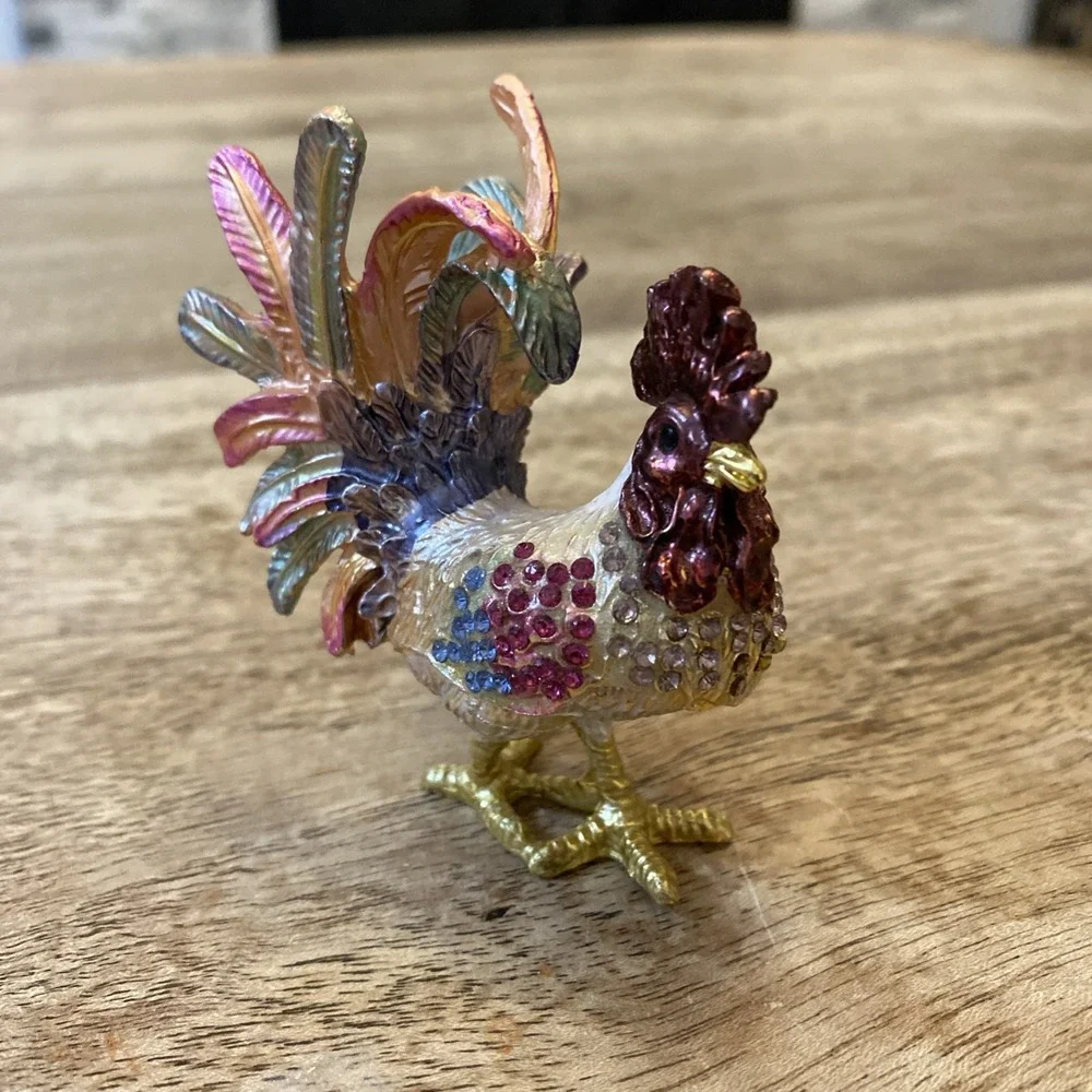Multicolor Metal Bejewled Rooster Chicken Trinket Box Enameled Interior