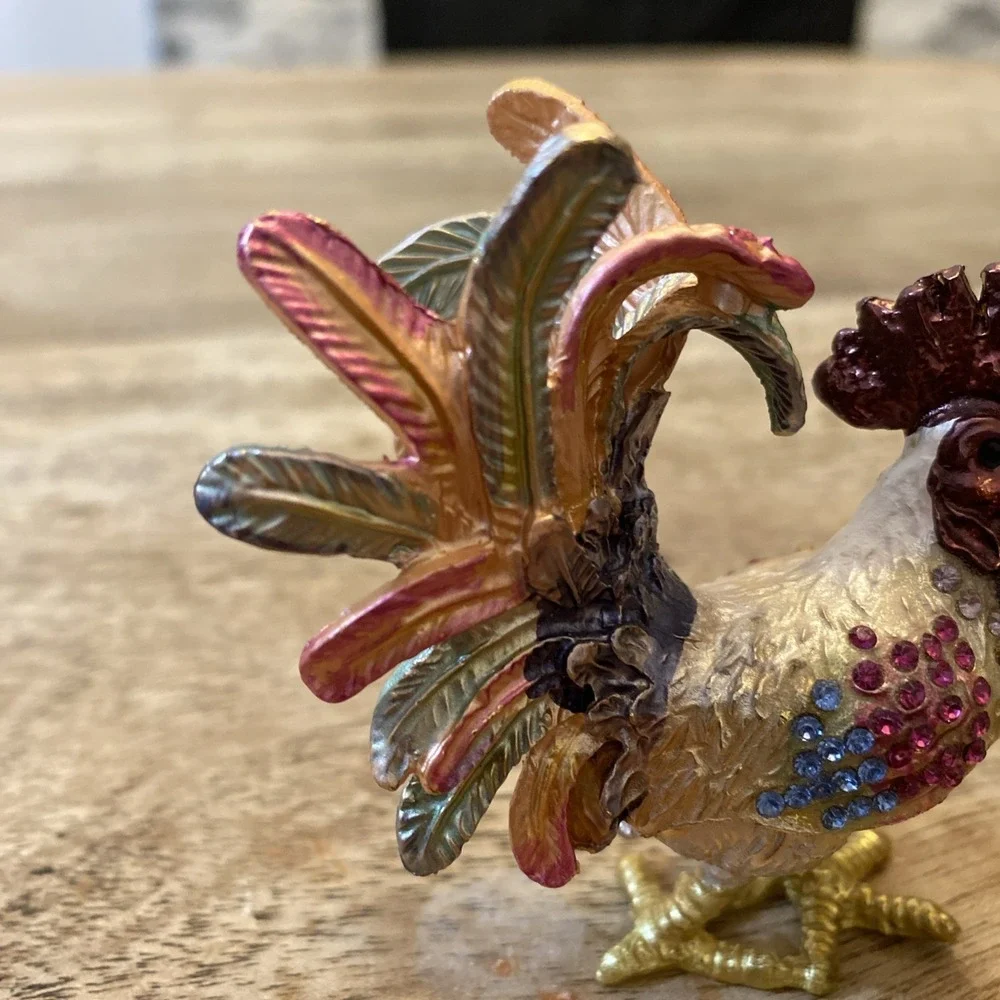 Multicolor Metal Bejewled Rooster Chicken Trinket Box Enameled Interior