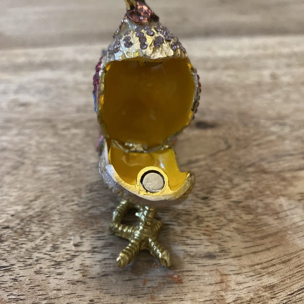 Multicolor Metal Bejewled Rooster Chicken Trinket Box Enameled Interior