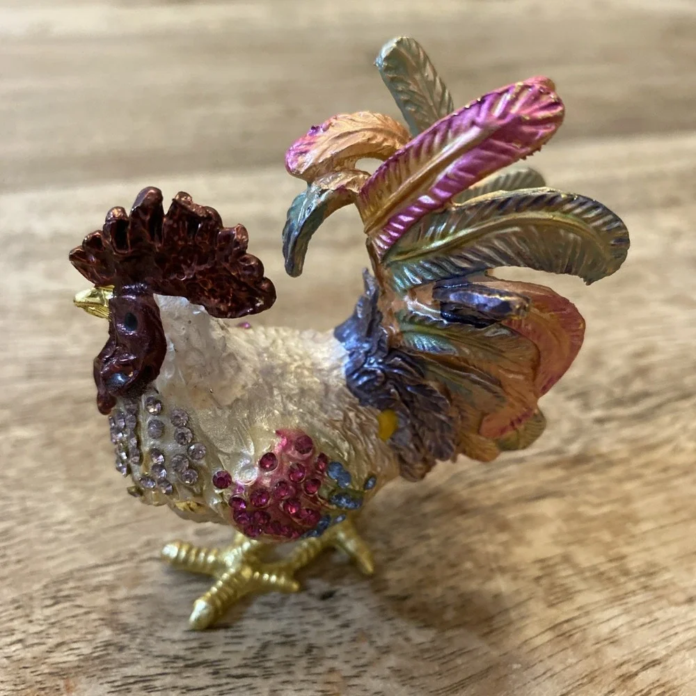Multicolor Metal Bejewled Rooster Chicken Trinket Box Enameled Interior