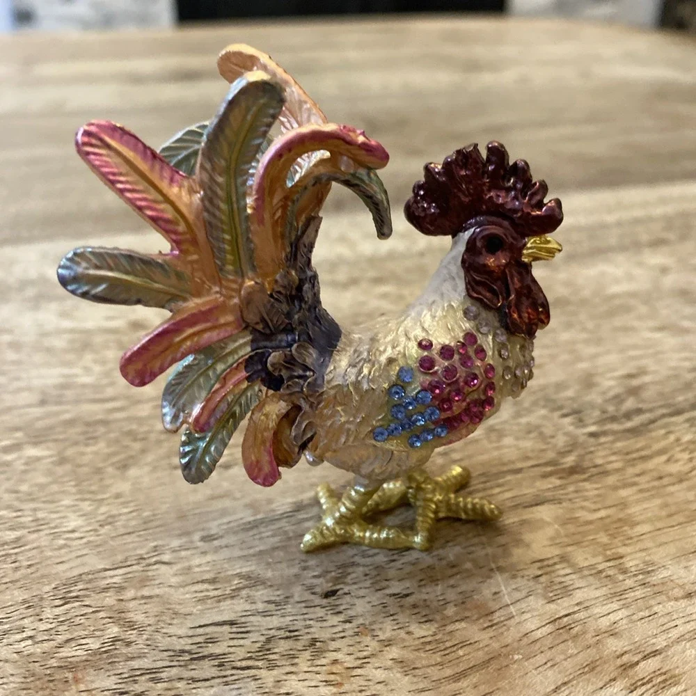 Multicolor Metal Bejewled Rooster Chicken Trinket Box Enameled Interior