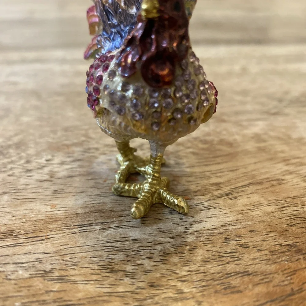 Multicolor Metal Bejewled Rooster Chicken Trinket Box Enameled Interior