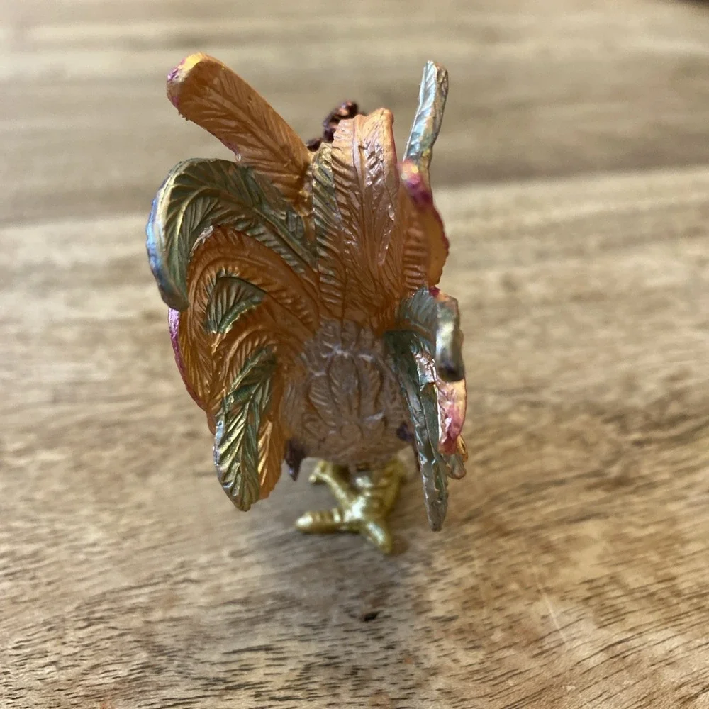 Multicolor Metal Bejewled Rooster Chicken Trinket Box Enameled Interior