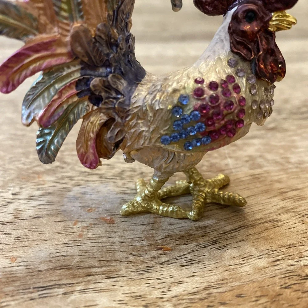 Multicolor Metal Bejewled Rooster Chicken Trinket Box Enameled Interior