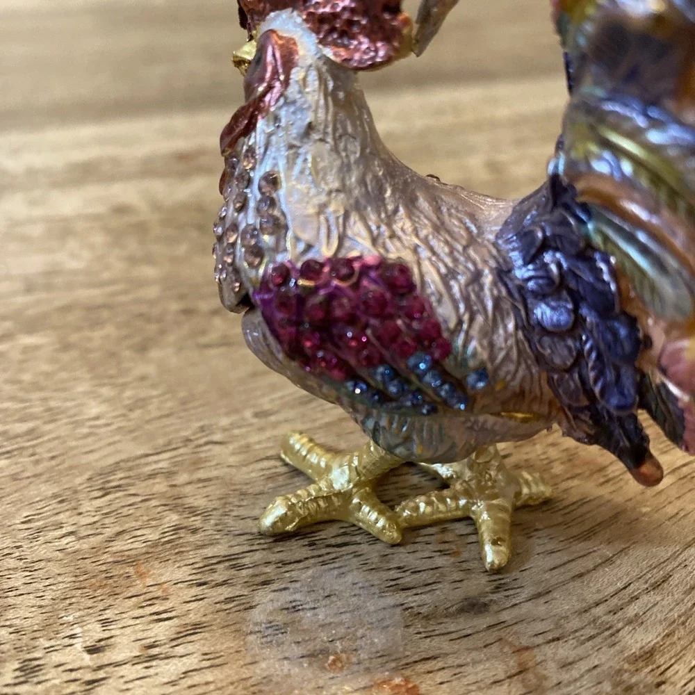 Multicolor Metal Bejewled Rooster Chicken Trinket Box Enameled Interior