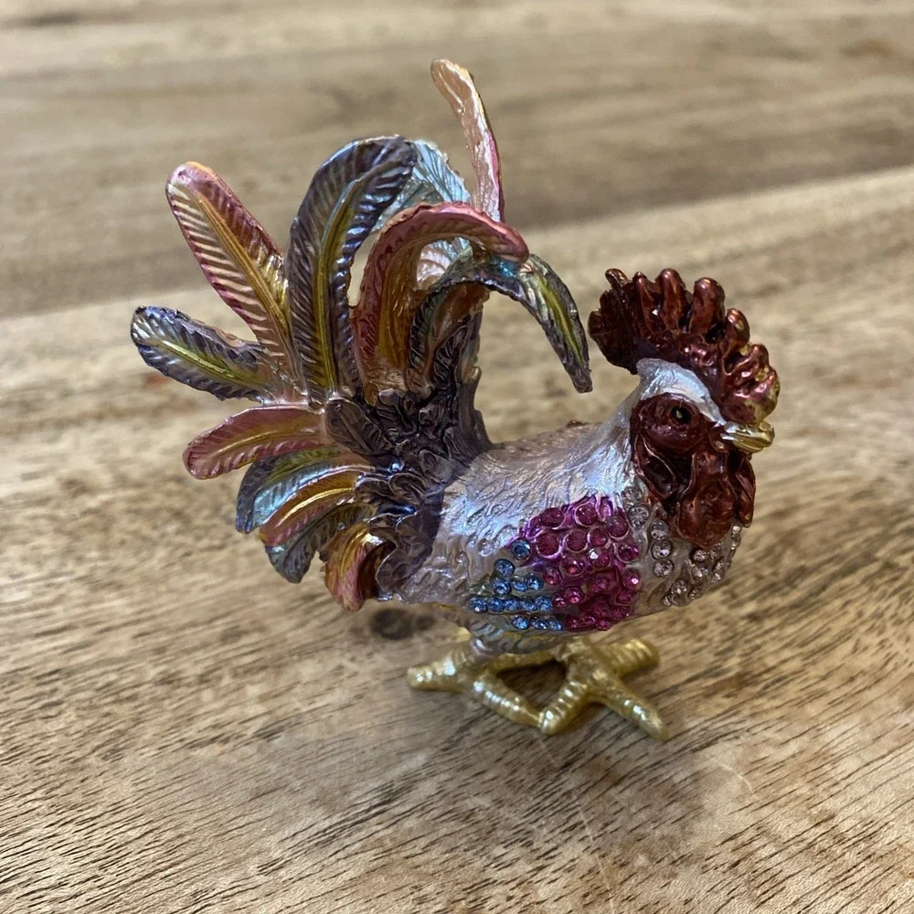Multicolor Metal Bejewled Rooster Chicken Trinket Box Enameled Interior