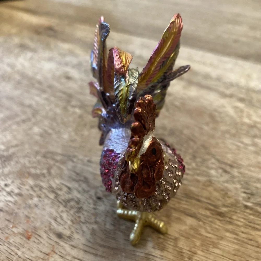 Multicolor Metal Bejewled Rooster Chicken Trinket Box Enameled Interior