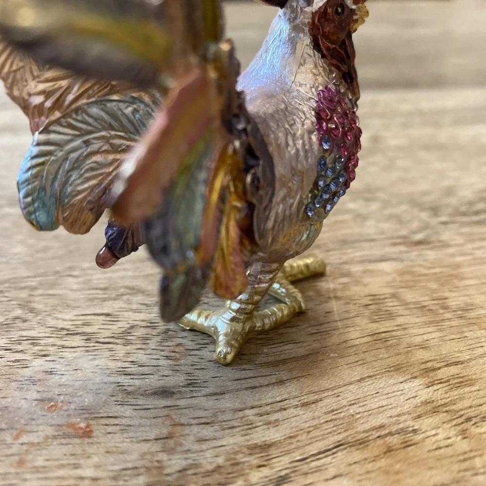 Multicolor Metal Bejewled Rooster Chicken Trinket Box Enameled Interior