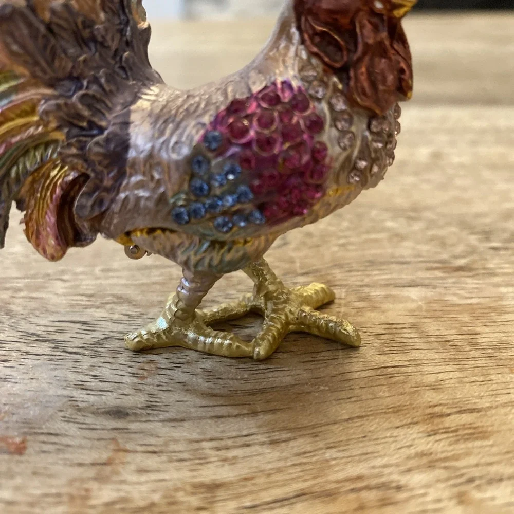 Multicolor Metal Bejewled Rooster Chicken Trinket Box Enameled Interior