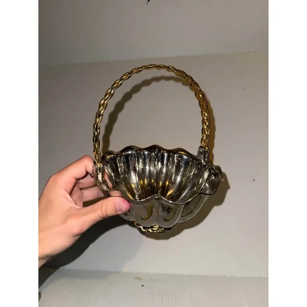 Vintage Silver toned Bowl /Basket Brass Handle Scalloped Edge Heavy