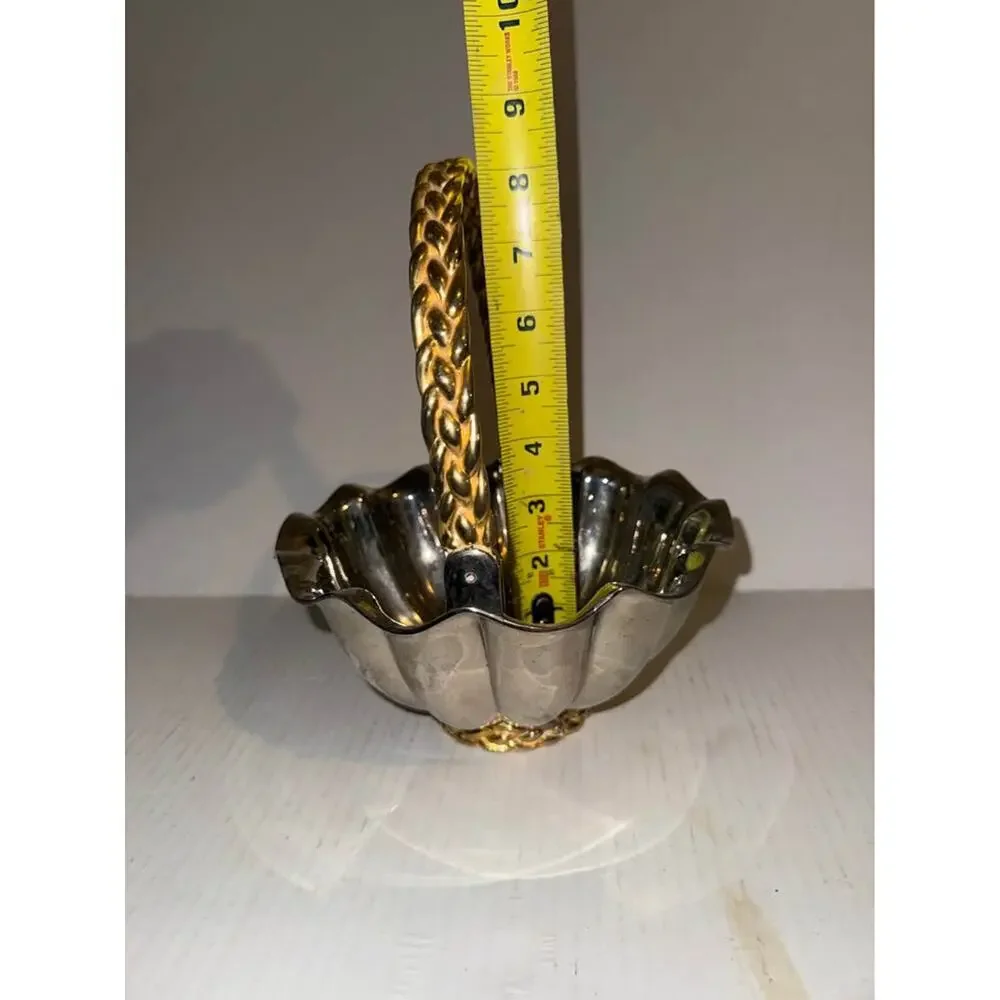 Vintage Silver toned Bowl /Basket Brass Handle Scalloped Edge Heavy