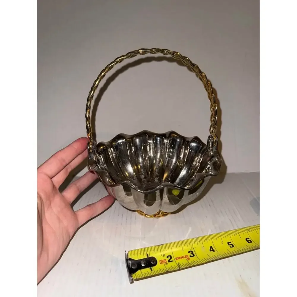 Vintage Silver toned Bowl /Basket Brass Handle Scalloped Edge Heavy