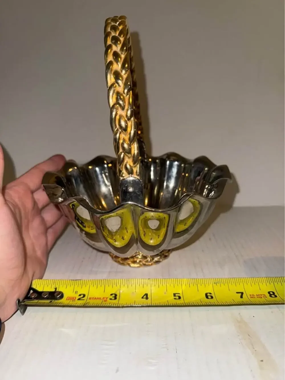 Vintage Silver toned Bowl /Basket Brass Handle Scalloped Edge Heavy