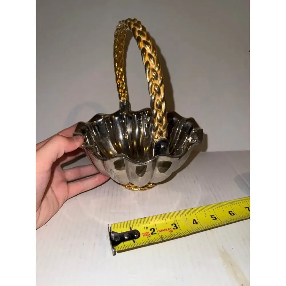 Vintage Silver toned Bowl /Basket Brass Handle Scalloped Edge Heavy