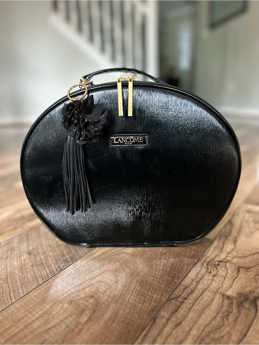 Lancôme Le Parisian Black Faux Leather Train Case Bag with Floral Tassel Charm