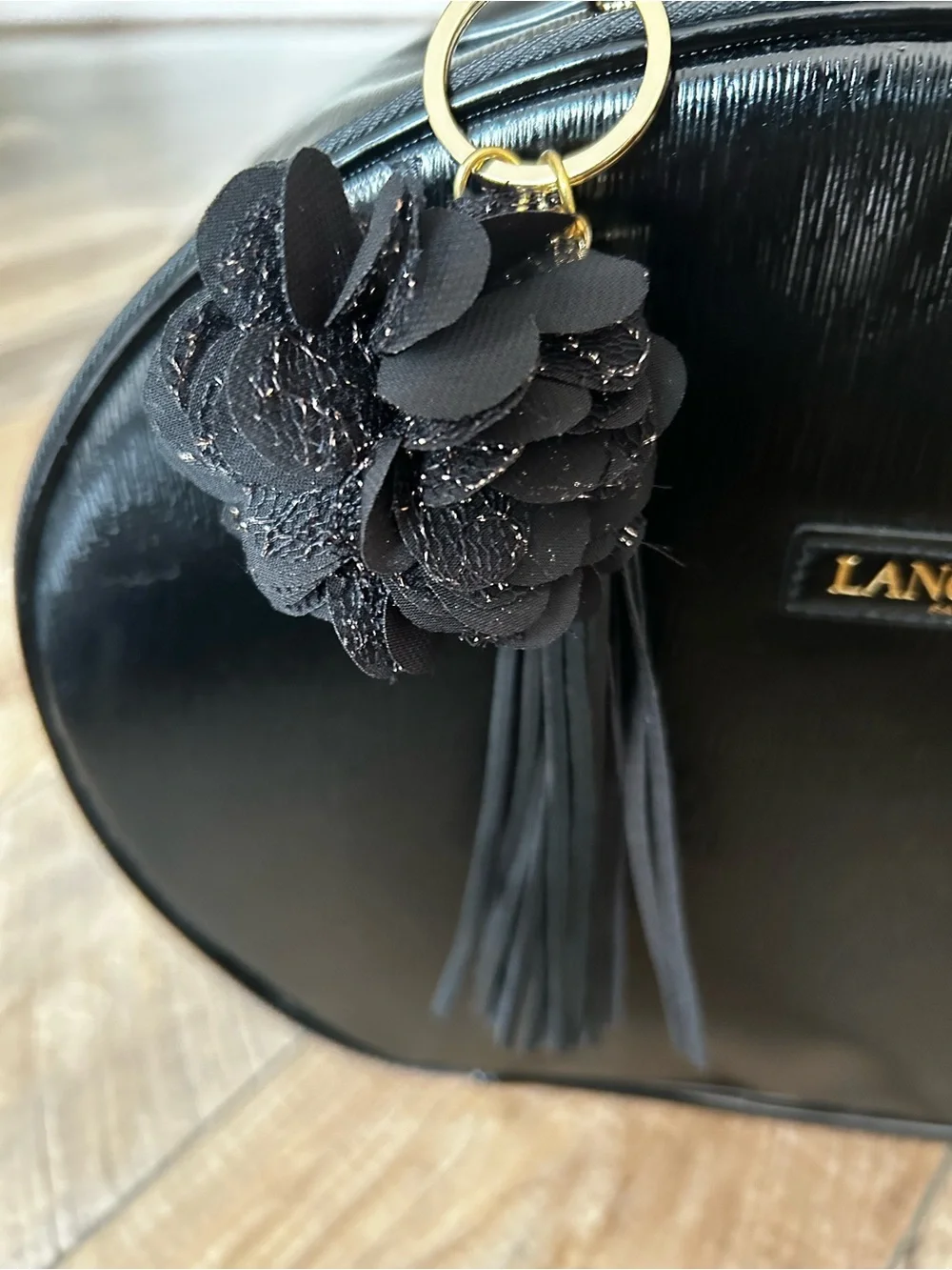 Lancôme Le Parisian Black Faux Leather Train Case Bag with Floral Tassel Charm