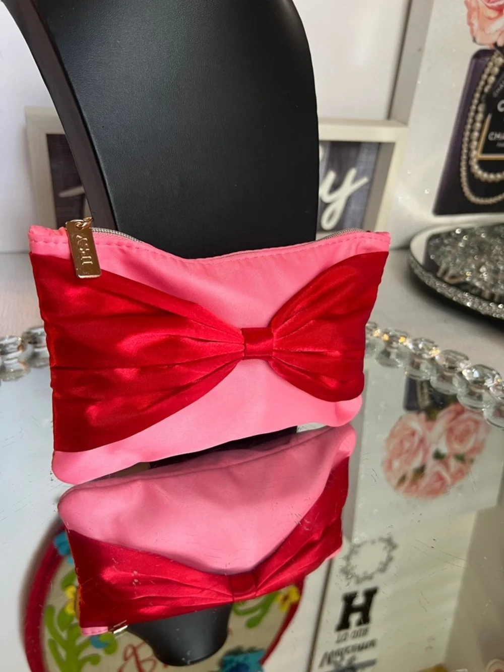 ipsy Pink Cosmetic Pouch with Red Satin Bow
