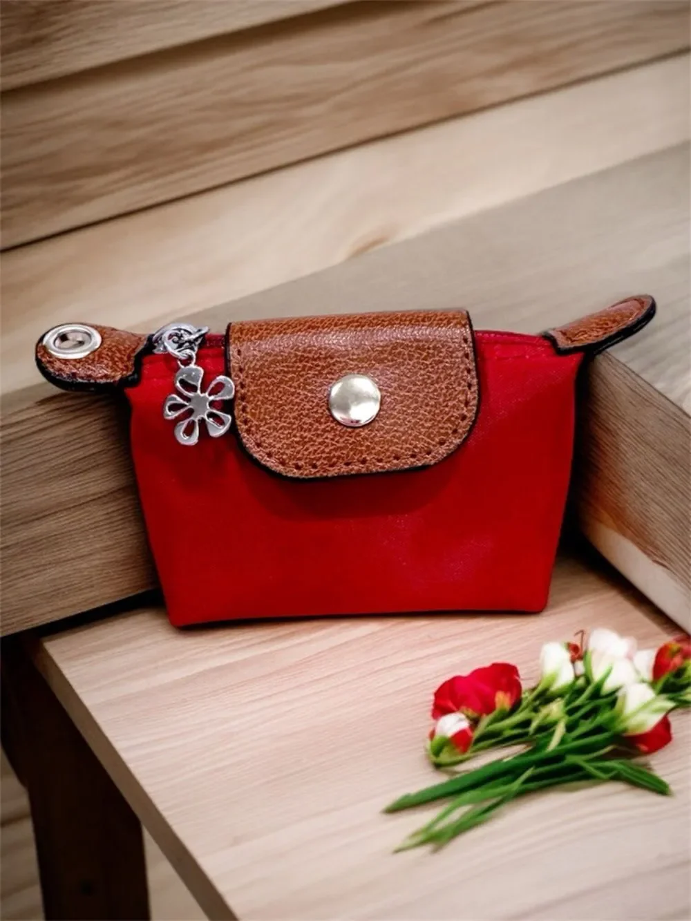 Longchamp Mini Style Canvas Red Women's Pouch Brown Leather Trim Flower Charm