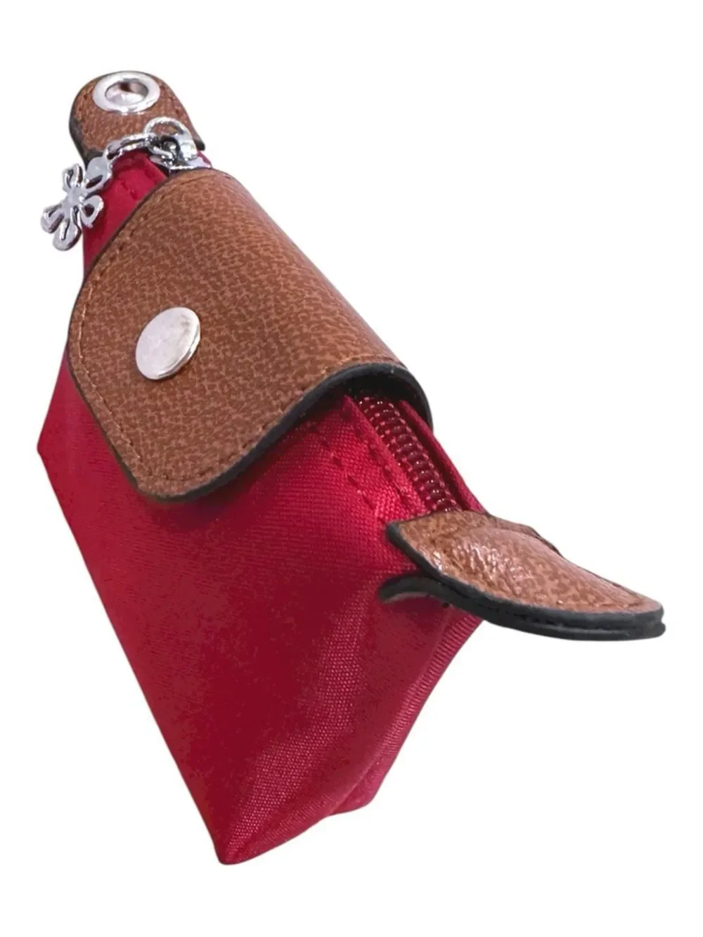 Longchamp Mini Style Canvas Red Women's Pouch Brown Leather Trim Flower Charm