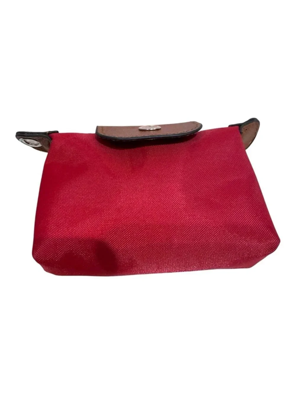 Longchamp Style Canvas Red Women's Pouch Brown Leather Trim Silver Flower Charm