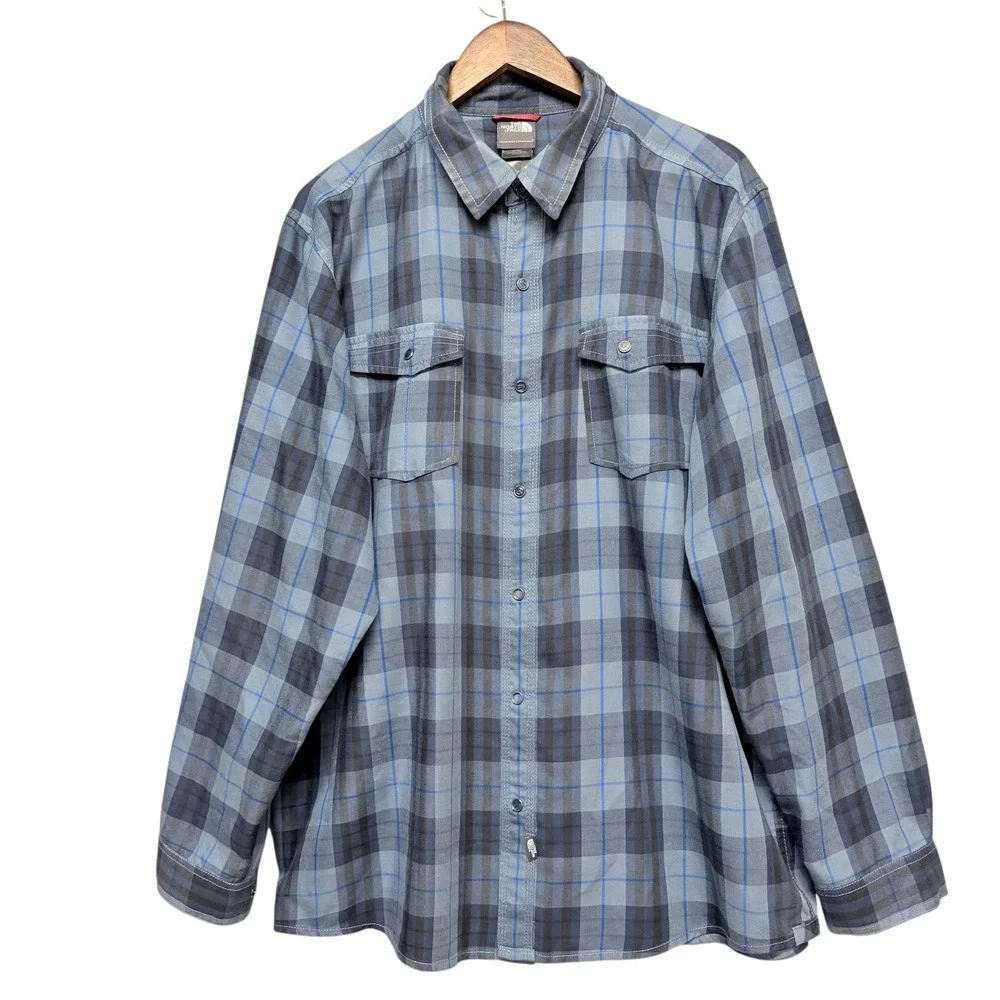 The North‎ Face Shirt Mens XL Blue Plaid A36Q Snap Front Long Sleeve Hiking Top