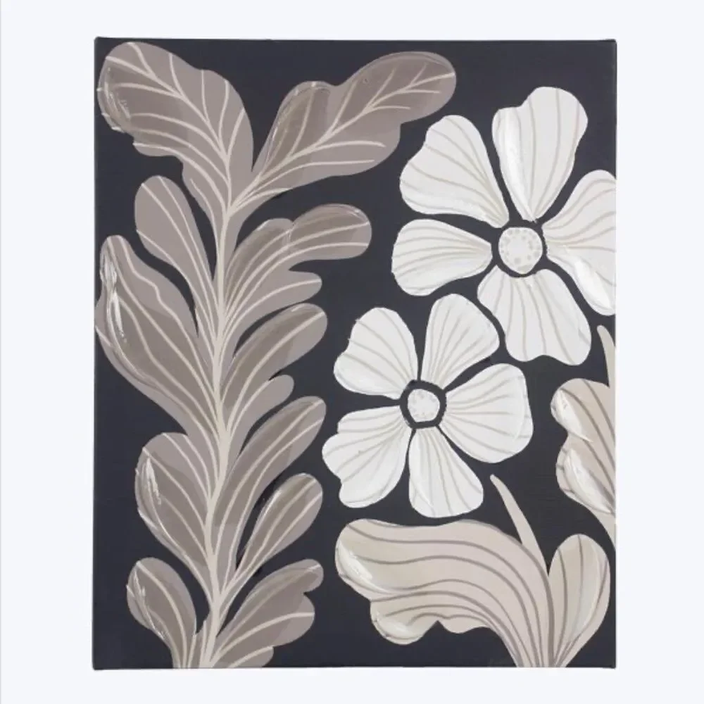 Canvas Wrapped Black Floral Wall Art with Acrylic Hand Painted Texture Modern