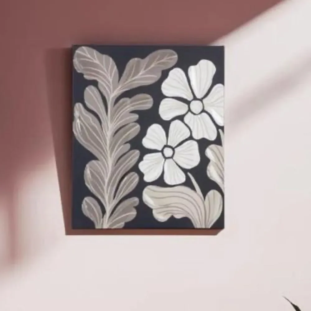 Canvas Wrapped Black Floral Wall Art with Acrylic Hand Painted Texture Modern