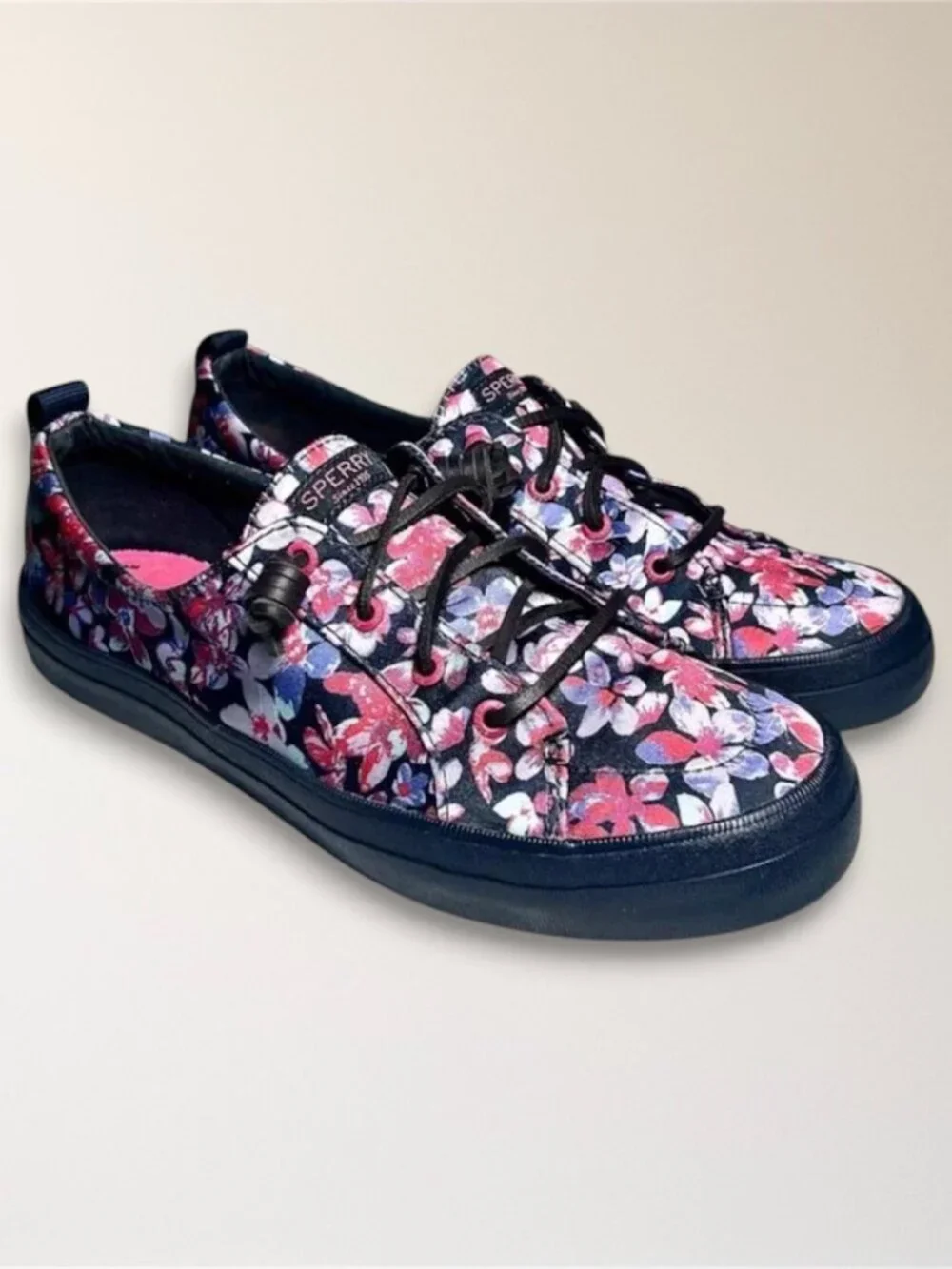 Sperry Crest Vibe 9.5 Floral Canvas Sneakers Pink Blue‎ Lace Up Casual STS87000