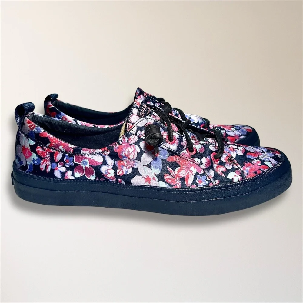 Sperry Crest Vibe 9.5 Floral Canvas Sneakers Pink Blue‎ Lace Up Casual STS87000