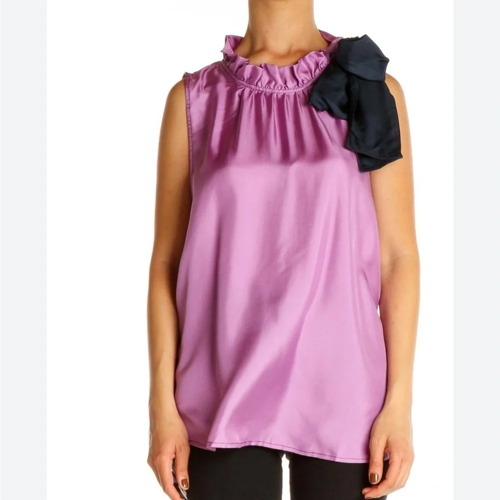 J Crew Collection silk twill top with fixed bow Purple Navy Blue Bow Sz S NEW