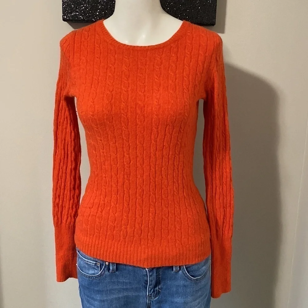 J Crew Orange Cable Knit Wool Cashmere Pullover Sweater Sz XS