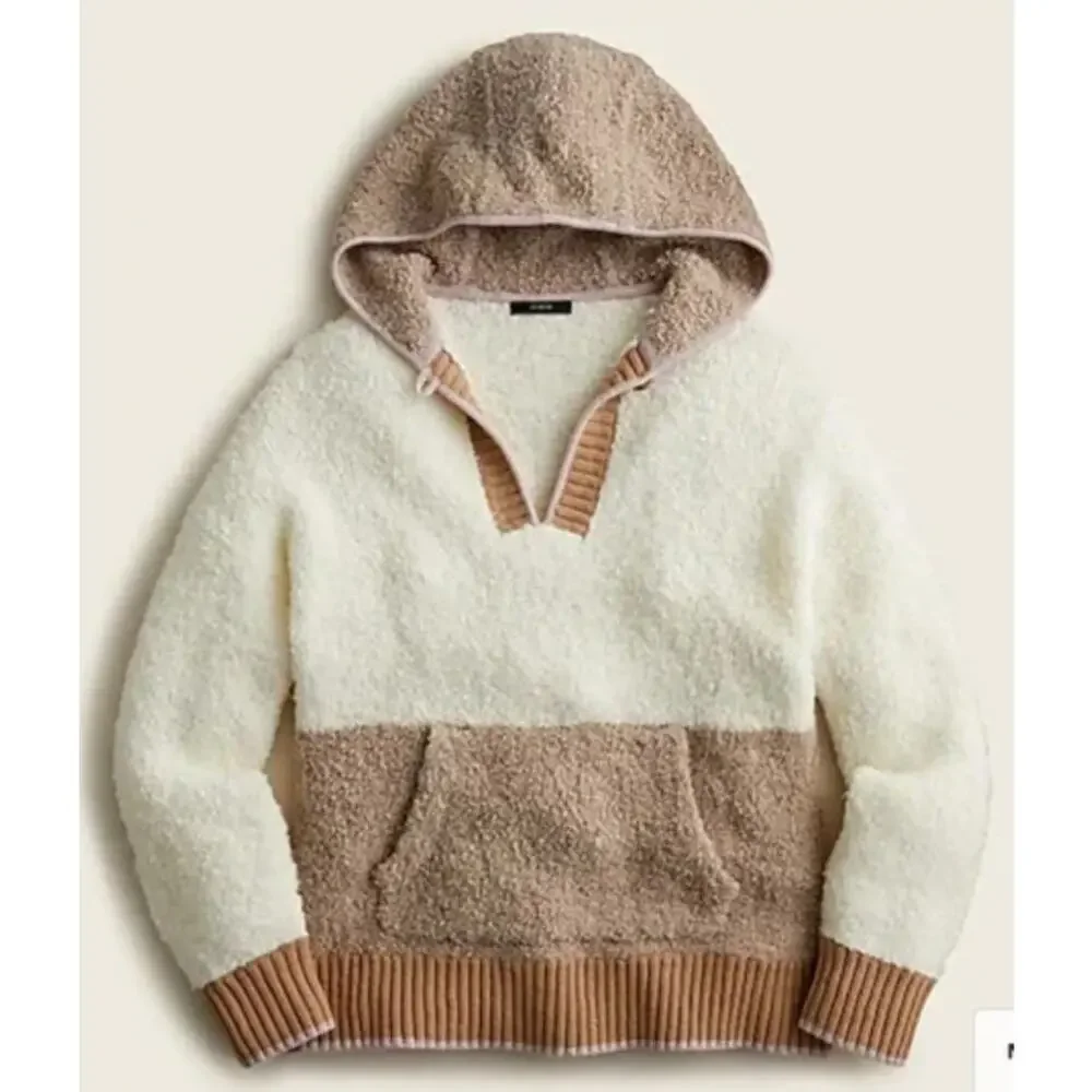J.Crew Colorblock Sweater Hoodie White Mocha Women's L/XL Cozy Oversized *Flaw