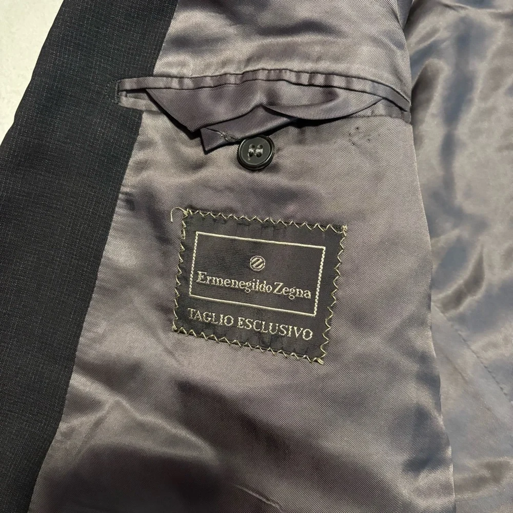 VTG Zegna 42R Taglio Esclusivo Black Check Blazer Double Breasted Italy Y2K