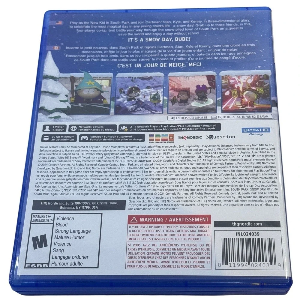 South Park Snow Day! Sony PlayStation 5 PS5 Video Game Disc and Case 2024