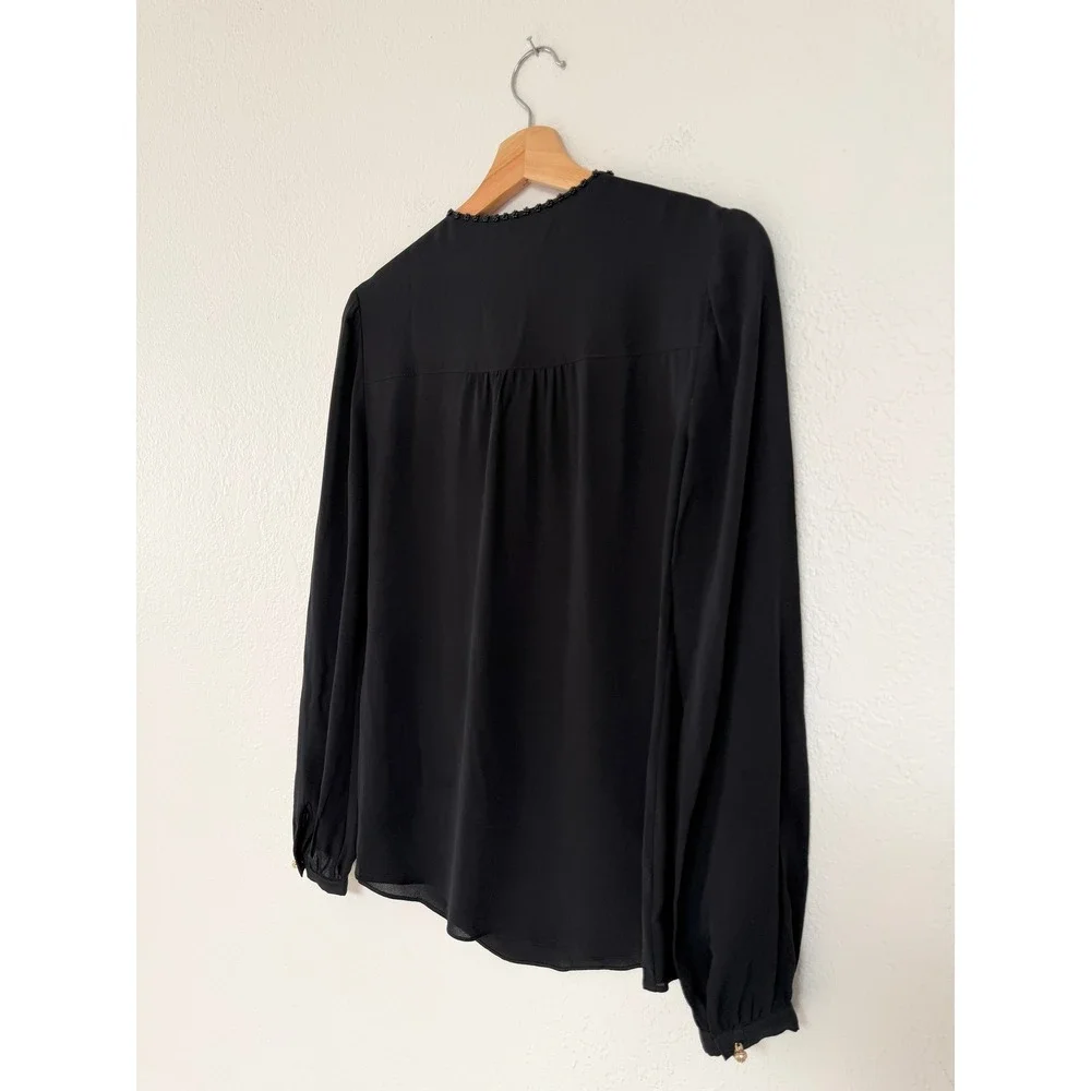 TORY BURCH Black Silk Beaded Sequin Long Sleeve Blouse Glam Regency Size 4