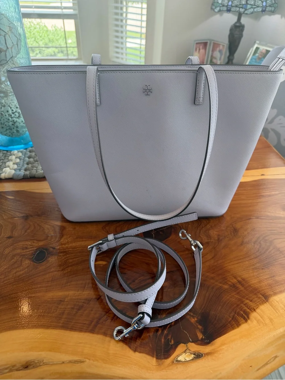 Tory Burch Lavender Saffiano Leather Tote with Removable Strap