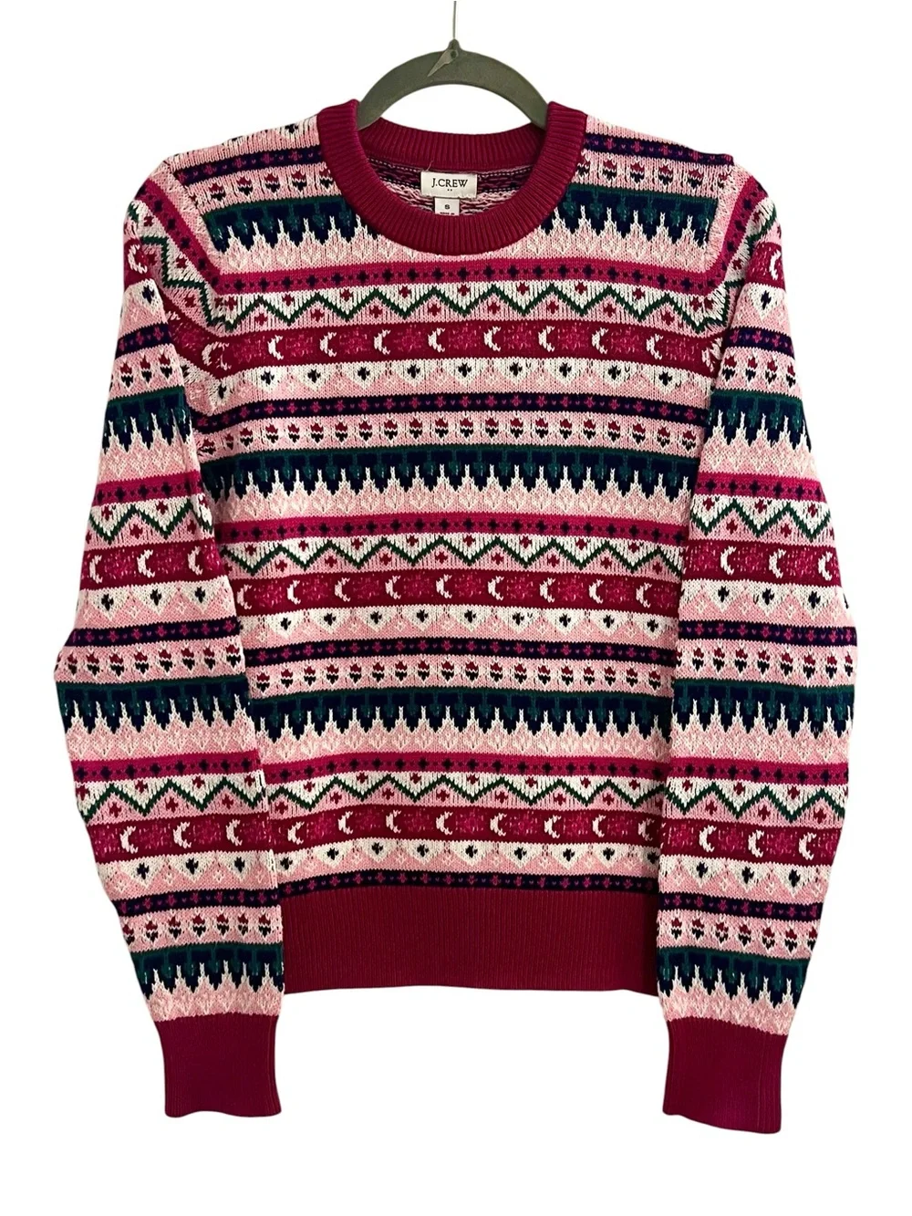 J. Crew Pink & Green Fair Isle Cotton Crewneck Sweater