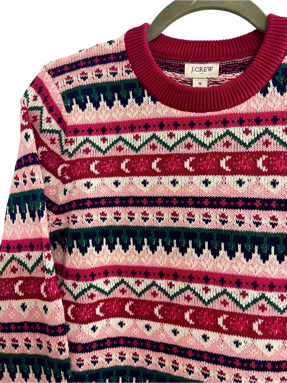 J. Crew Pink & Green Fair Isle Cotton Crewneck Sweater