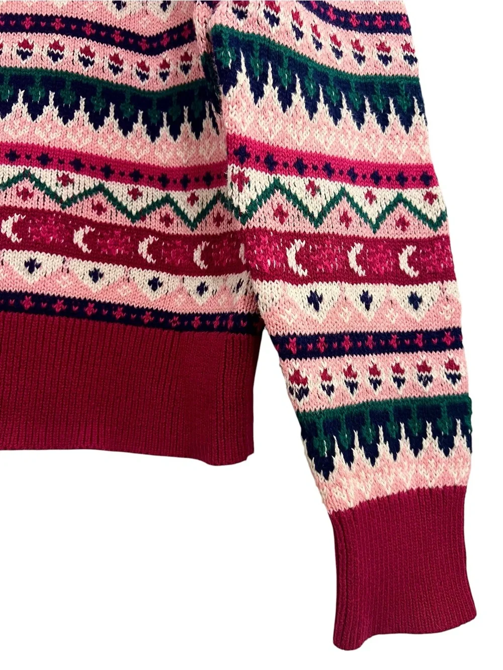 J. Crew Pink & Green Fair Isle Cotton Crewneck Sweater