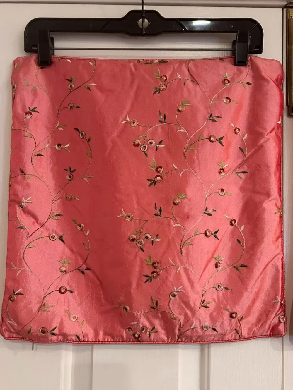 2 Pink Floral Embroidered Satin Throw Pillow Covers Cases Zippered 16 x 16 in