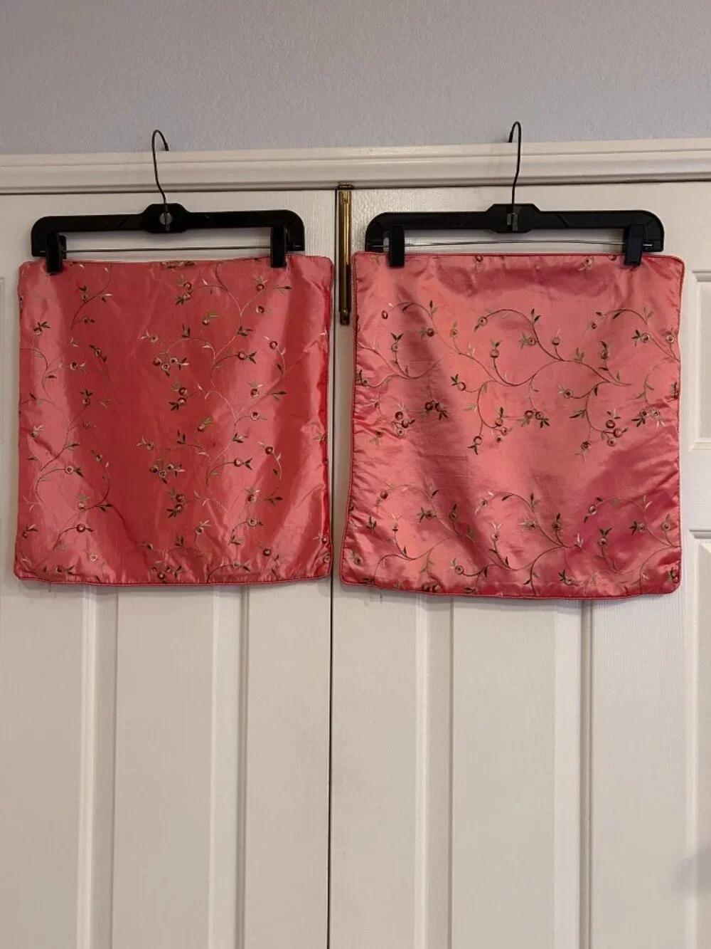 2 Pink Floral Embroidered Satin Throw Pillow Covers Cases Zippered 16 x 16 in